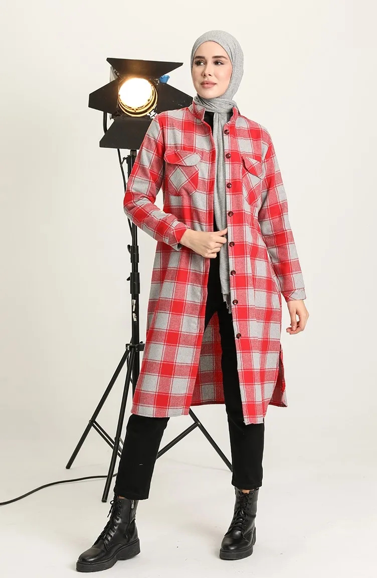 Lumberjack Plaid Patterned Tunic Pocket Buttoned Long Sleeve Unlined Shirt Collar Winter Seasonal Muslim Fashion Hijab Clothing