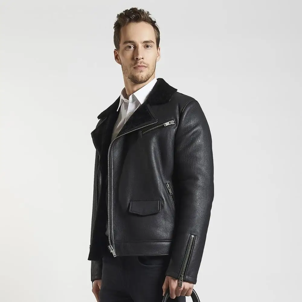 Free shipping Fast Fashion genuine lea ther jacket men black sheepskin biker leather jacket winter men leather jacket