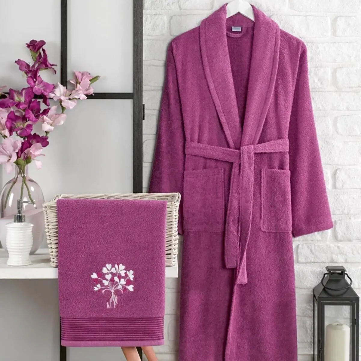 

2 Pcs Luxury Soft Cotton Purple Bathrobe Set For Women 1 Bathrobe 1 Head Towel Bathrobe Set Nightrobe Sleepwear Home Wear Turkey