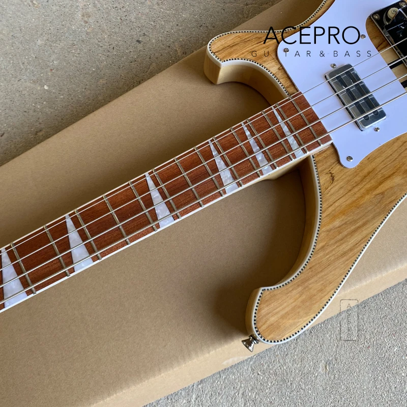 Maple+Rosewood Neck Thru Body Electric Bass Guitar, Upgrade Adjustable Bridge Available, Spalted Maple, Checkerboard Binding