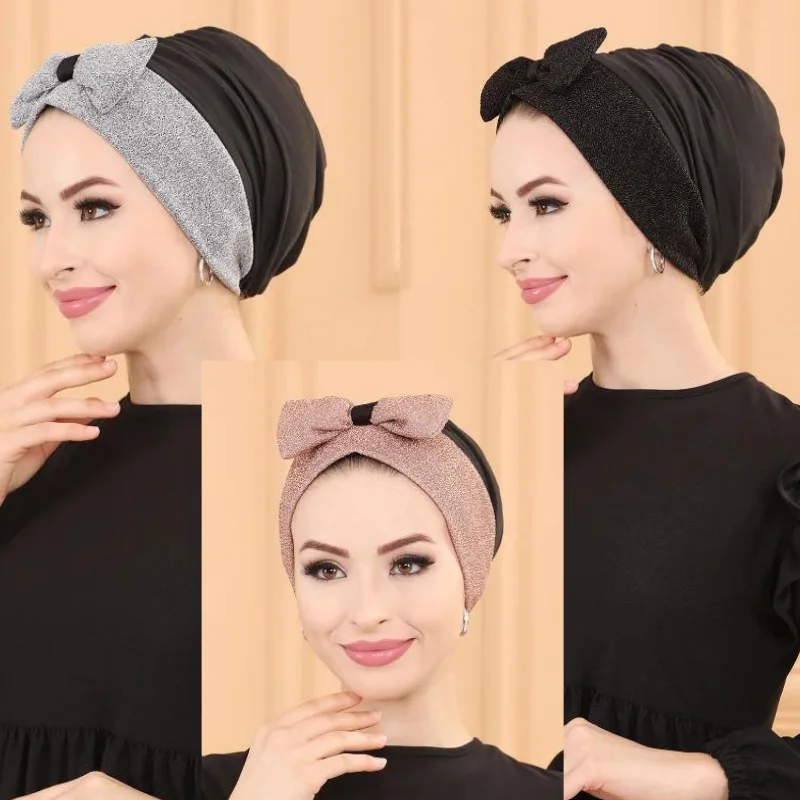 Autumn Winter Muslim inner hijab Islamic hijab scarf Wrap Headwrap sweater cap Sequins breathable cotton colorful casual Set Hat