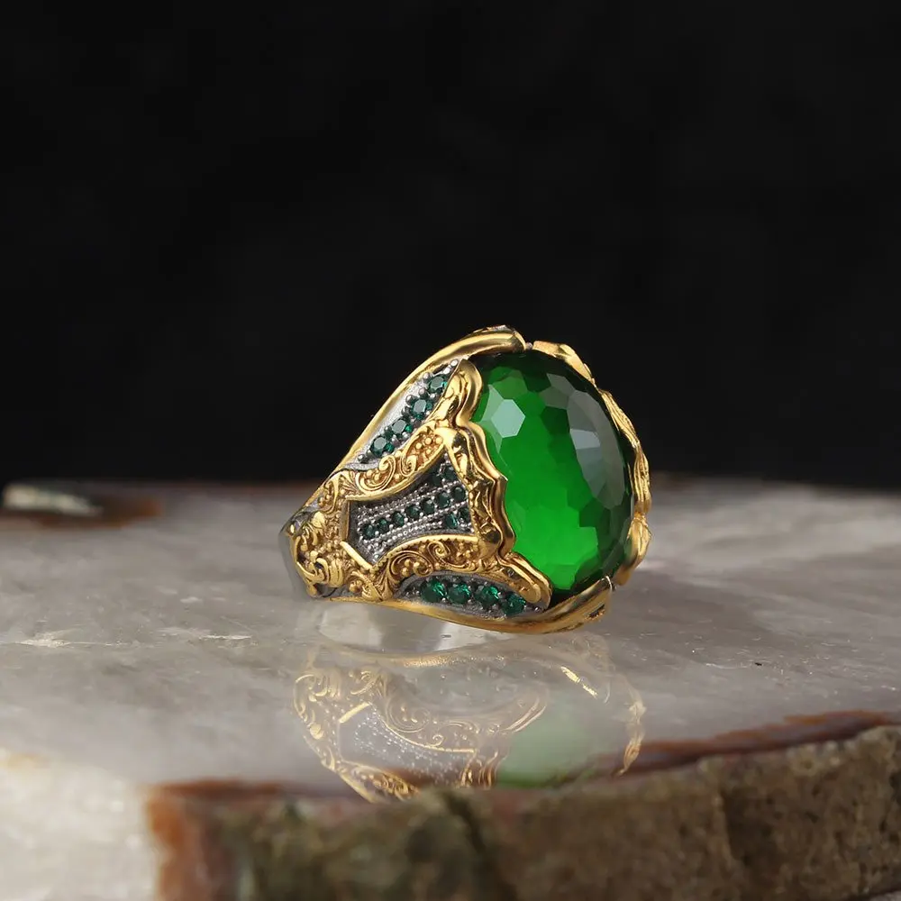 

MEN 'S 925 Sterling Silver Ring, Green Zircon, Lapping Plated, Gift Item, Special Design, handmade, MADE IN TURKEY