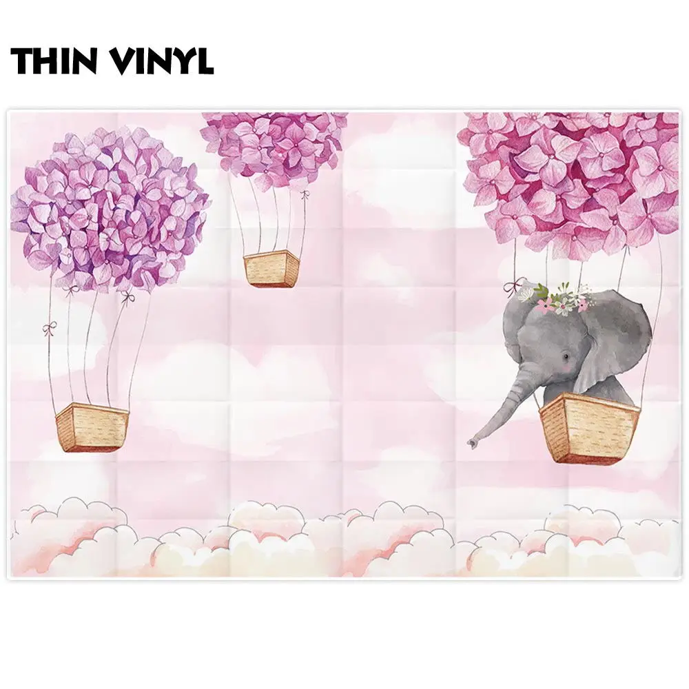 Funnytree Birthday Background for Photo Pink Girl Elephant Flower Hot Air Balloon Baby Shower Backdrop Photography Photophone