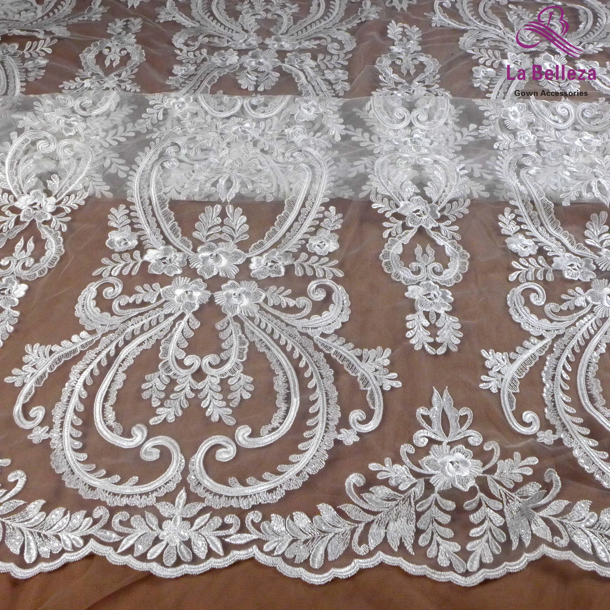 La Belleza new lace fabric,heavy embroidery bridal lace fabric,rayon with clear sequins large patterns lace fabric 1 yard