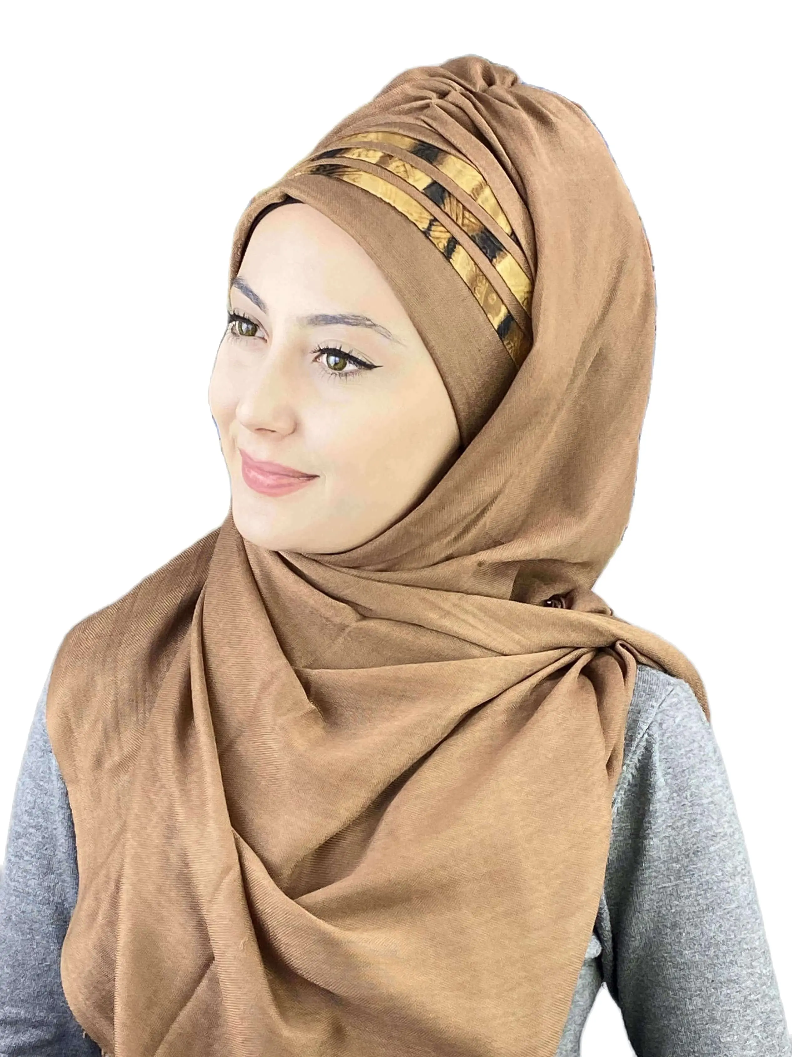 2022 Hijab New Fashion Scarf Women\'s Products Hat Islamic Bonnet Muslim Light Brown Color Asymmetrical Striped Draped Shawl