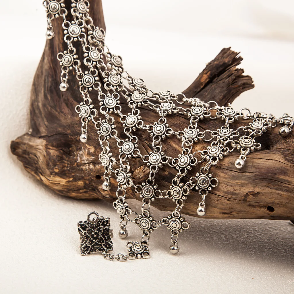 1 Pc Bohemian Vintage Hand Finger Multilayer Ring Bracelets For Women Fashion Jewelry Retro Silver Plated Gypsy Tassel Bracelet