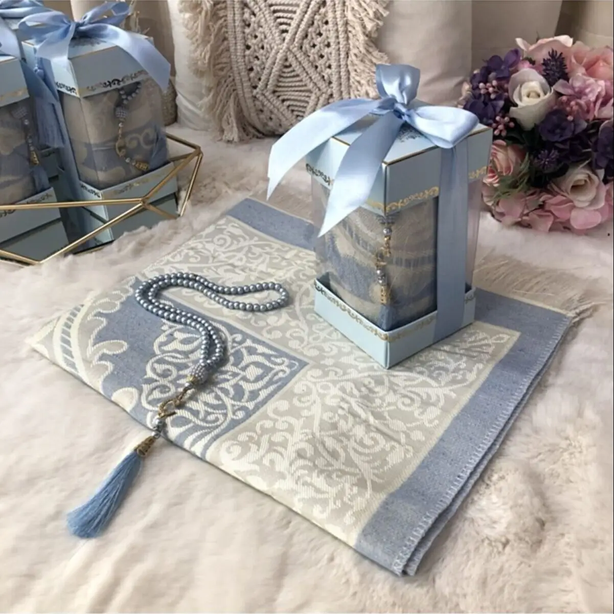 2PC Muslim Prayer Rug Set Sejadah Rosary Prayer Mat Gift Set 5 Colors Stylish Box Islamic Muslim Items Eid Gift Ramadan Gift Set