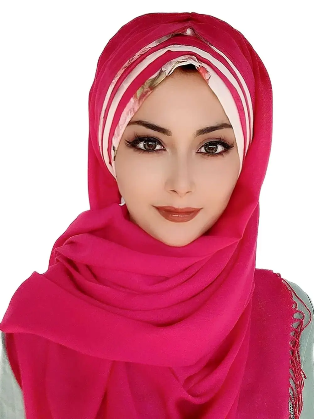 Yeni Moda Hijab Kadın 2021 Müslüman Başörtüsü İslami Tesettür Türban Şapka Fular Eşarp Pembe Renk Beyaz  Şifon Detaylı Hazır Şal