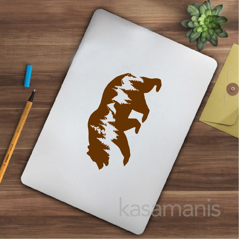 Bear And Mountains Adventure Vinyl Sticker Car Door Window Decor, Animal Silhouette Laptop Decals for Apple MacBook Pro/Air