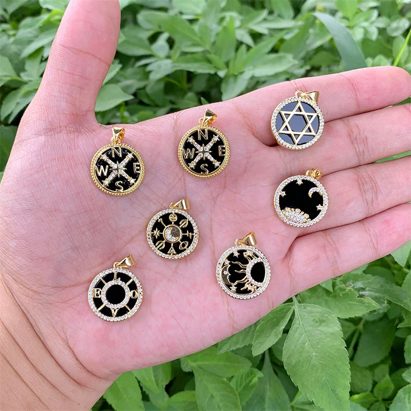 Natural Stone Black Agate Pendant Charms Brass  Gold Plated With Cubic Zirconia 17x19mm  Accessories For DIY Making Necklace