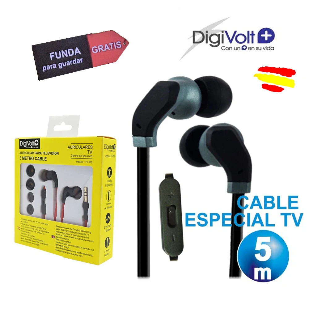 Auriculares TV DIGIVOLT 5 MTS Cable TV-118 CON FUNDA super BASS PINZA sujecion