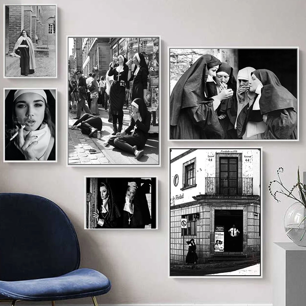 

Canvas Painting Smoking Nuns Poster Rebellious Nuns Black White Photo Prints Wall Art Pictures for Living Room Home Decoration