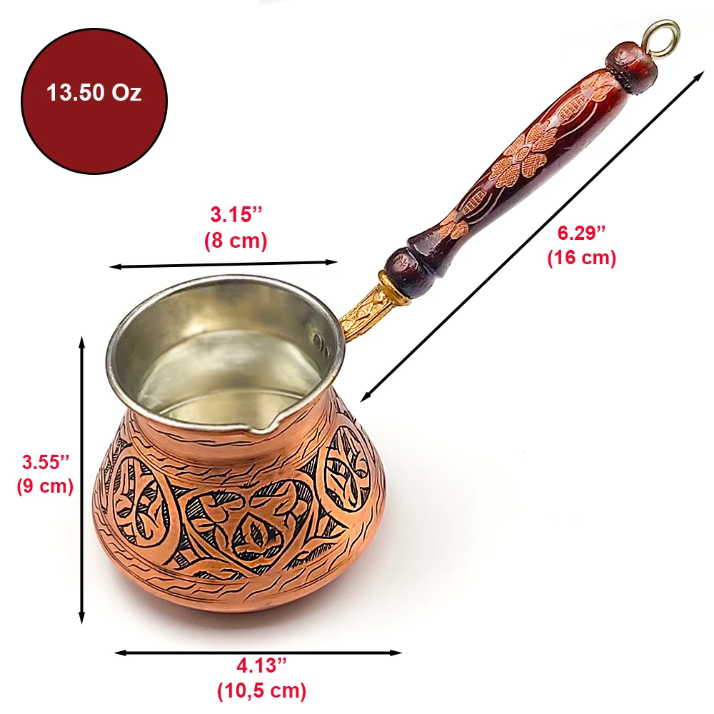 13.50 Oz Medium Coffee Pot - Coffee Maker with Embroidered Wooden Handle 4 People Handmade Cezve Ibrik Brik (Copper)
