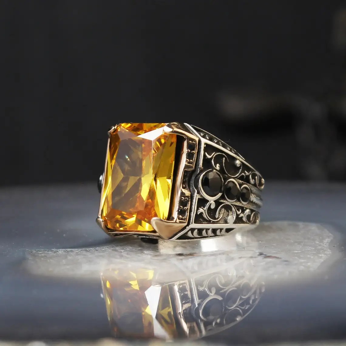 

925 Sterling Silver Citrine Stone Men Silver Ring, Citrine Stone Men's Ring, Handmade Engraved Men's Silver Ring, Turkish Silver