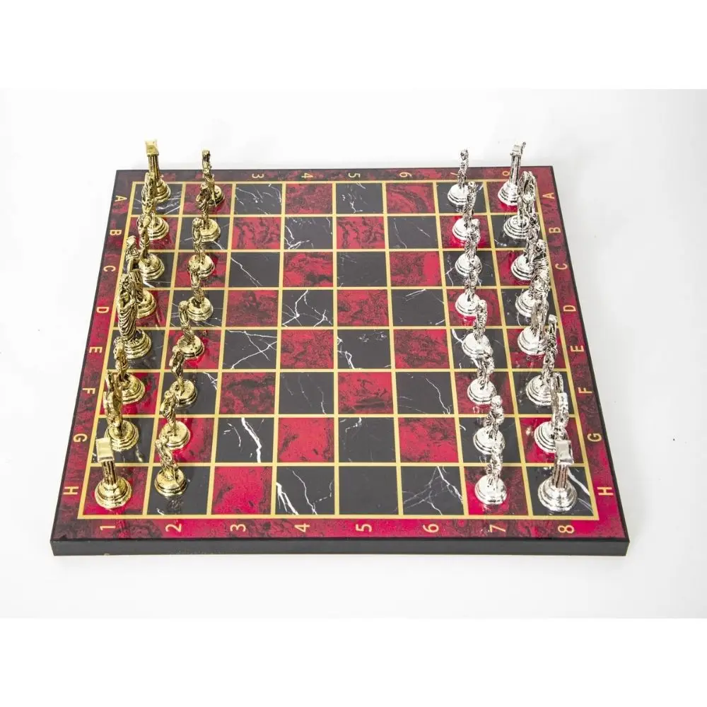 Luxury Metal Chess Set Chrome Plated Roman Senate & Flame Red Marble Patterned Board Luxury Chess Board Game Chess Pieces Wooden