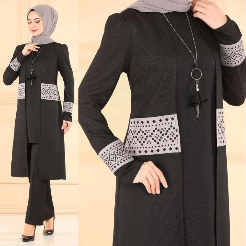 new season three piece sets and pants laser cut muslim women turkey long muslim dress split Abaya ramadan Kaftan islamic clothin