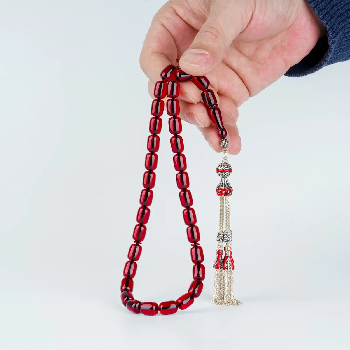 REVIST High Quality Guaranteed 925 Sterling Silver For Men Tassel Amber 33 Pcs Rosary size 10mm color: red and Yellow