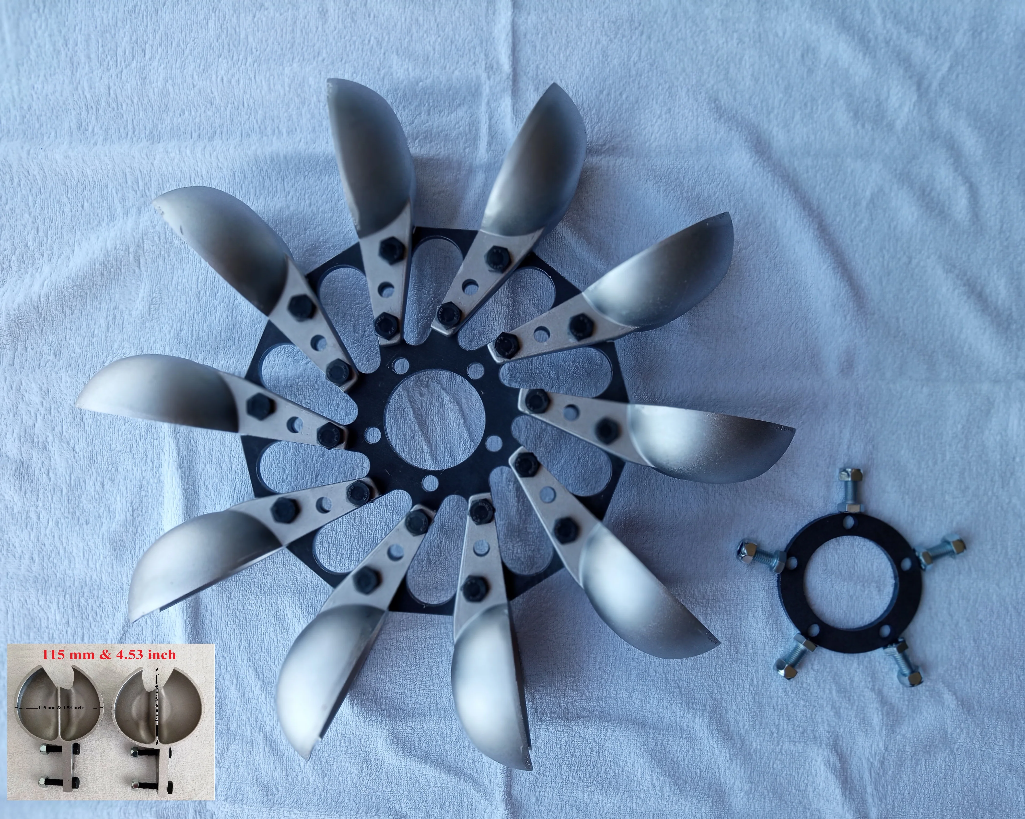 Pelton turbine wheel with 10 aluminum spoon, flange, 490 mm 19.29 inch