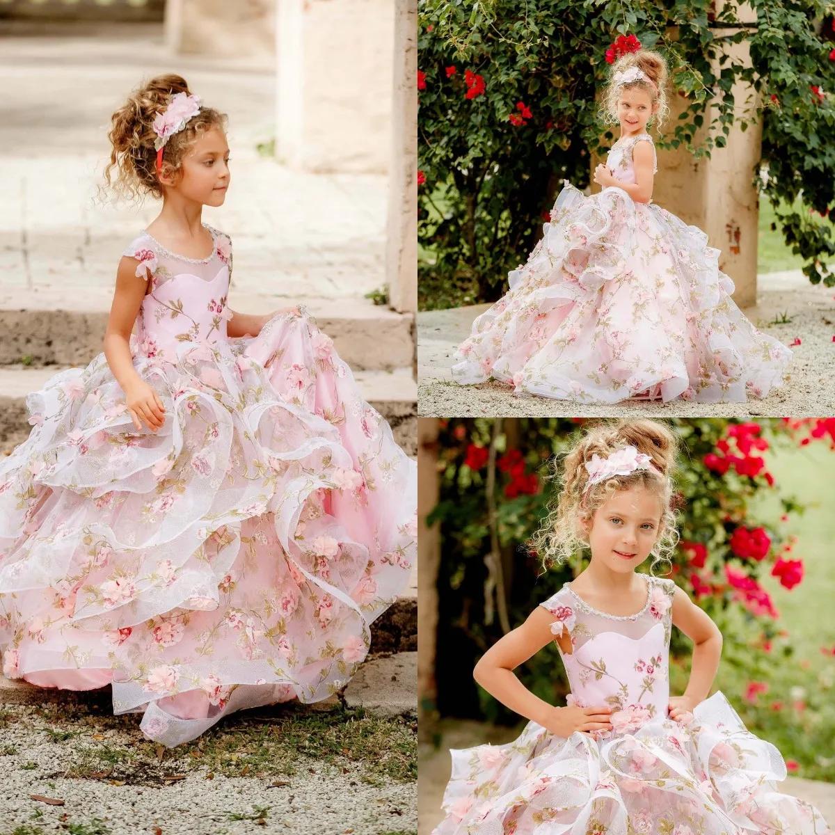 Rosa 3d floral vestidos da menina de flor para o casamento frisado apliques babados da criança meninas pageant vestido crianças formal wear vestidos de baile