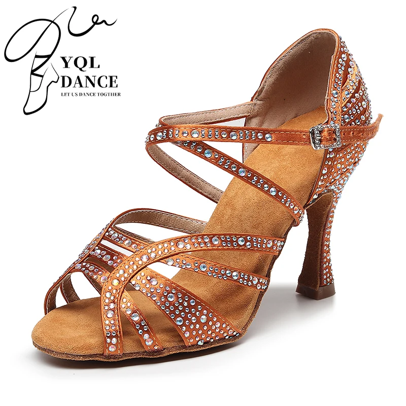 Zapatos de salón latinos con tiras para mujer, calzado de baile de Salsa, Bachata de seda con manchas marrones y negras, para chica, zapatos de