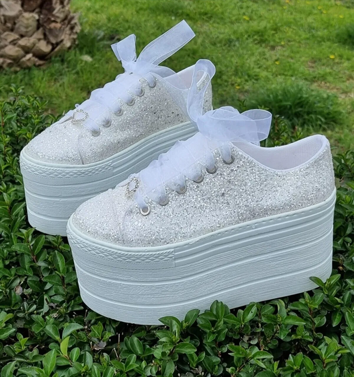 High Sole Stilo Shoes 10CM  White Glitter Glitter Bridal Shoes Sneakers High Sole Sports Women's White Shoes Crystal Glitter