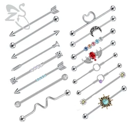 ZS 1PC Surgical Steel Bat Industrial Barbell Ring for Women CZ Crystal Heart Industrial Piercing 14g Ear Tragus Helix Piercings