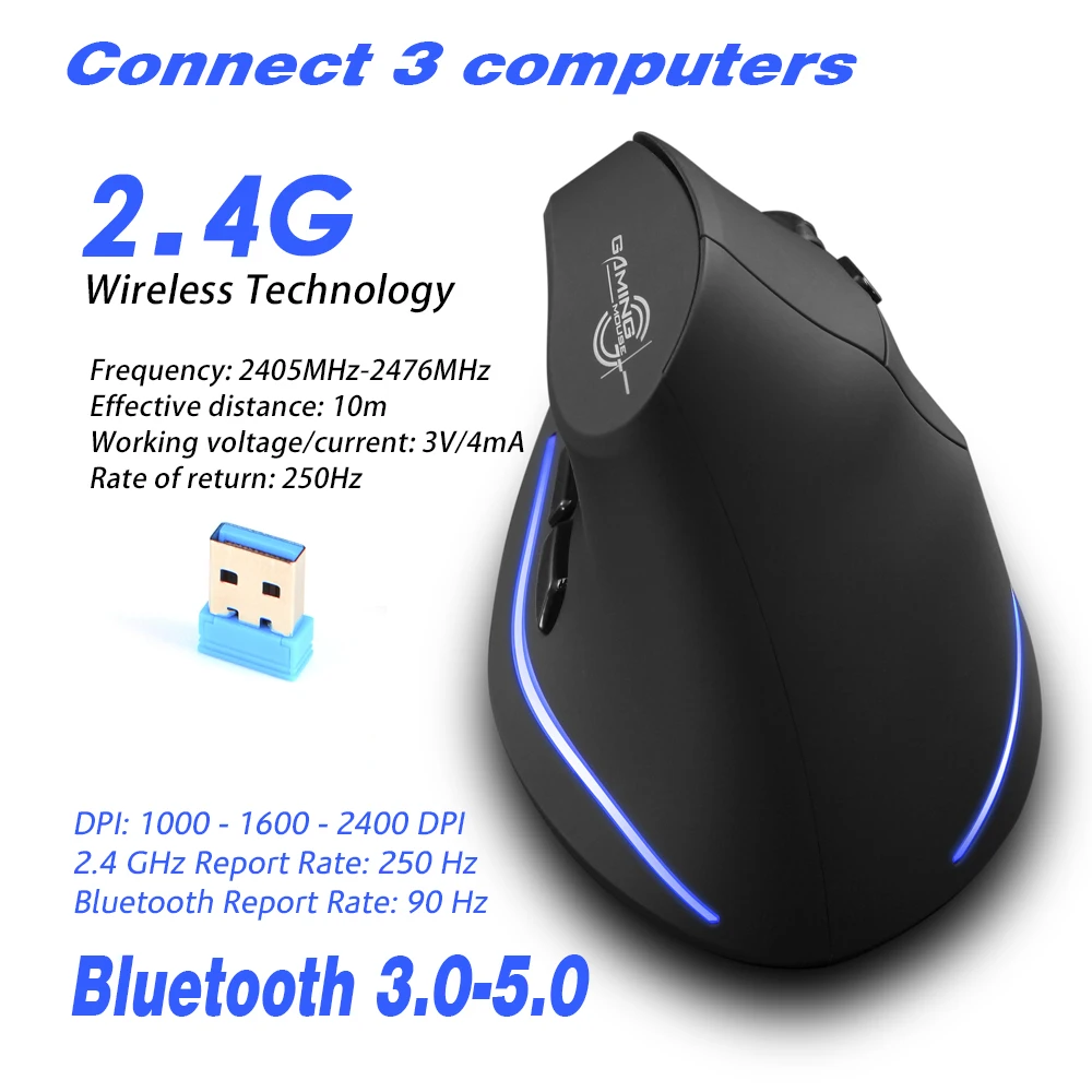 Podłącz 3 komputery pionowa bezprzewodowa gra z myszką mysz ergonomiczna RGB optyczne połączenie Bluetooth myszy USB dla Windows Mac 2400