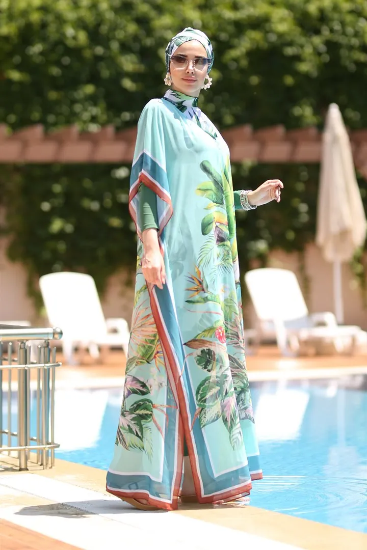 Remsa Swimwear Hijab Swimwear With Pattern On the Single Robe Pareo Parrot Tropik beach sea abaya islamic women swimwear