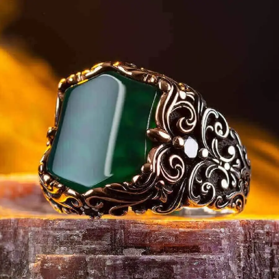 Fashionable Design Plain Zircon Green Stone Silver Men's Ring Fashion Turkish Premium Quality Handmade Jawelery