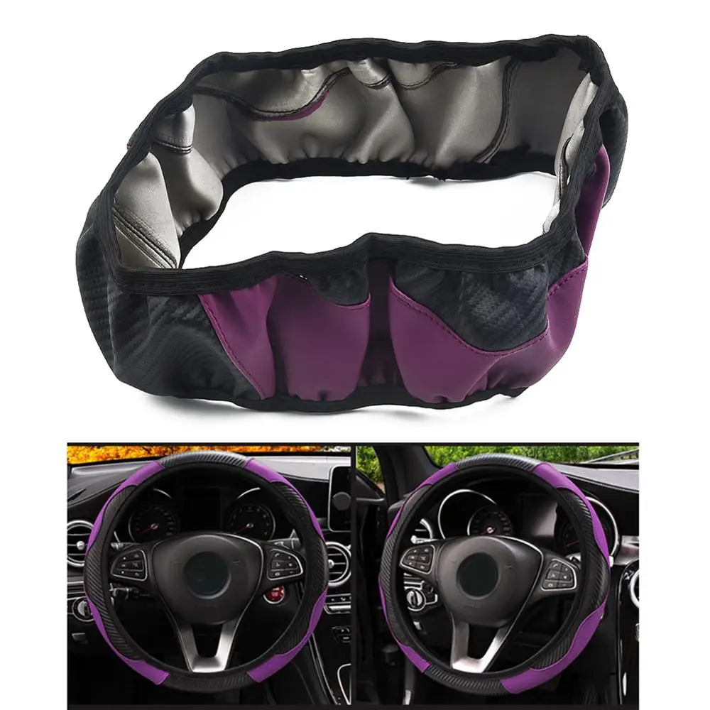 1pc Car Steering Wheel Cover Interior Black Purple Carbon Fiber Leather Protection For 37-38CM Diameter Easy Installation