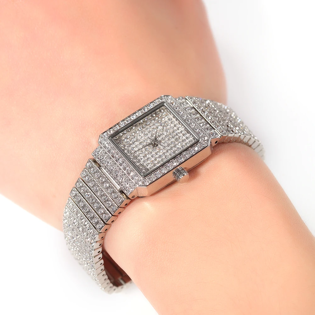 THE BLING KING Women Watch Stainless Steel Iced Out Rhinestone Bling Square Shape Luxury Waterproof Wrist Watches