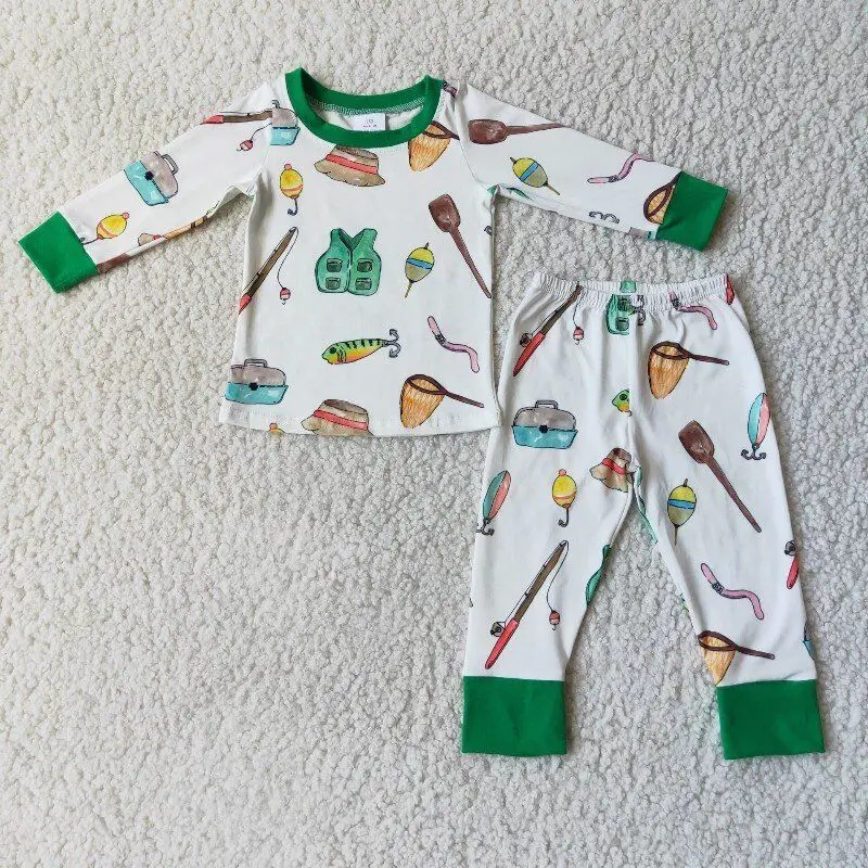 

Autumn Boys Pajamas Set Camping Tools Printed Boys Green Cuffs Long Sleeve Trousers Sleepwear Set