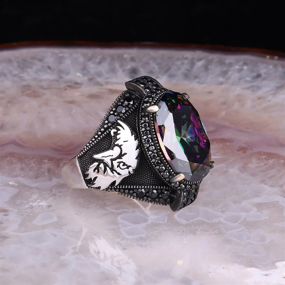 

925K Sterling Silver Ring, Mystic Topaz Gemstone Eagle Motiff Exclusive Jewelry For Man Handmade Stylish Accessory 2022 Fashion