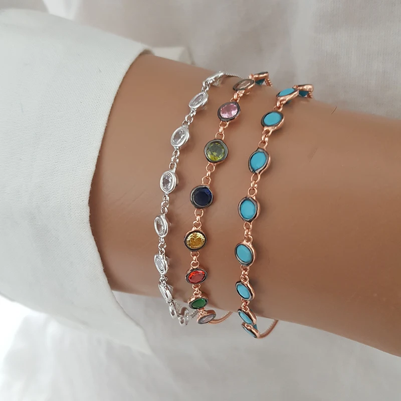 Trendy Rose Gold Plated 925 Silver Cz Diamond  Round Stone Dainty Boho Bracelet Fashion Cuban Chain Multicolor Fine Jewellery