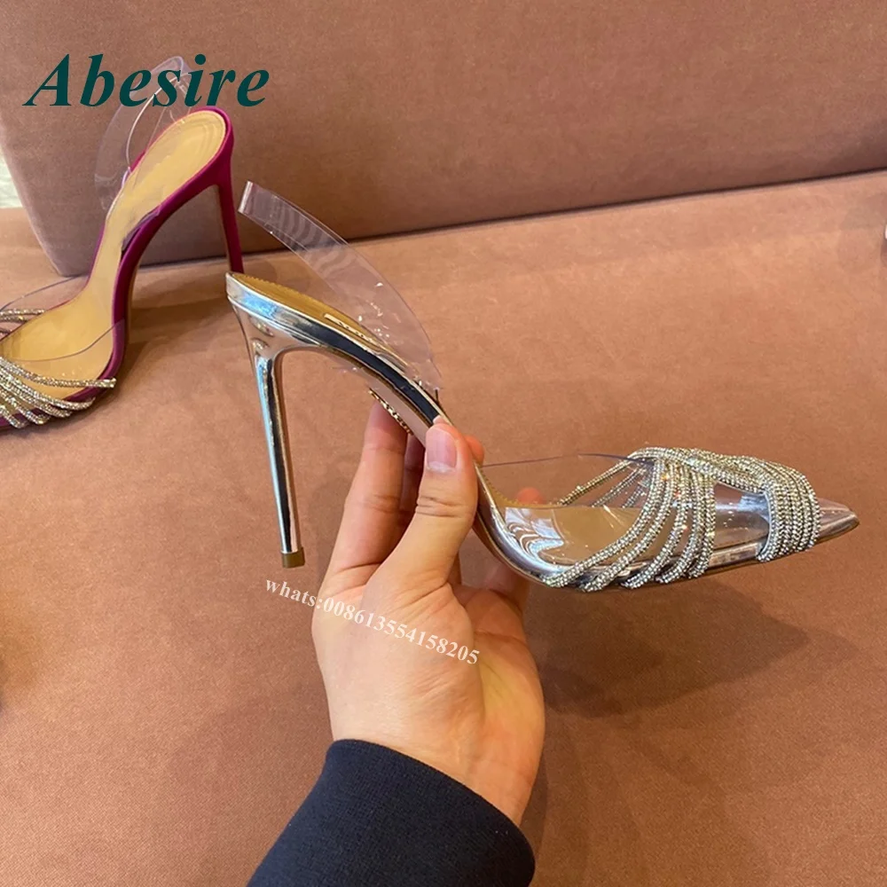 Pvc Crystal Ankle Strap Pumps 2022 New Twist Rhinestone Pointed Toe Stiletto Women Pumps High Heels Summer Silver Designer Sexy