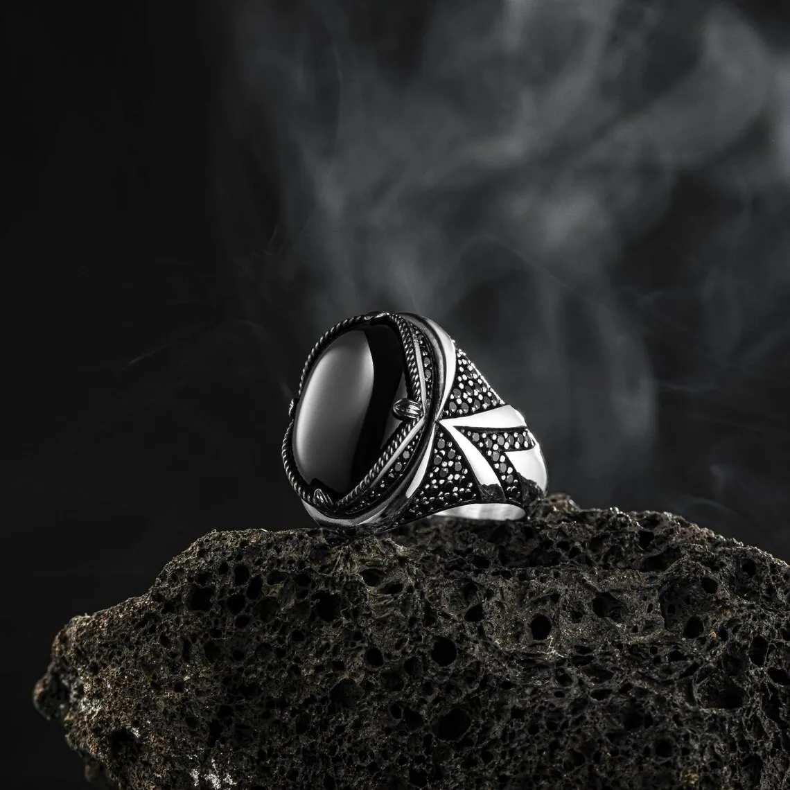 925K Black Onyx Side Zircon Stone Authentic Sterling Silver Antique Turkish Master Hand Ring Men's Rustic Accesory For Men