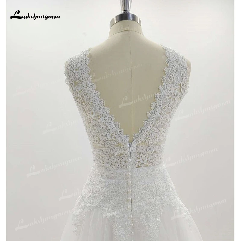 Boho Spitze Hochzeit Kleider 2022 Brautkleider Ärmelloses Sweep Backless Tank V-ausschnitt Tüll Bodenlangen Appliques Dame Robe