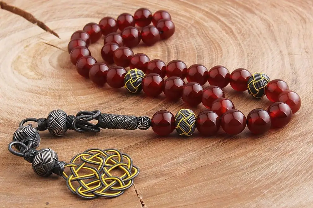 Islamic Tesbih Oval Shape Natural Agate Stone Prayer Beads Tasbeh Handwork 1000 Sterling Silver Tassel