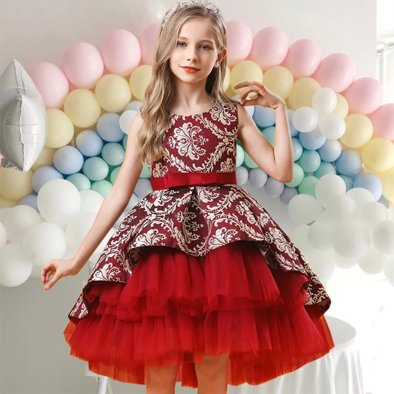 Vintage Wedding Ceremony Red Flower Girls Dress Opening Party Elegant Bridesmaid Girl Princess Dress Trailing Kids Clothing 2 8Y