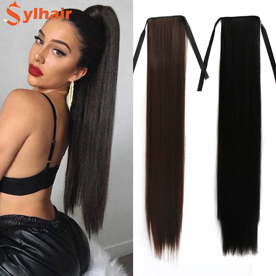 Black Long Straight Ponytail Synthetic Extensions Heat Resistant Hair 24Inch Wrap Around Pony Hairpiece