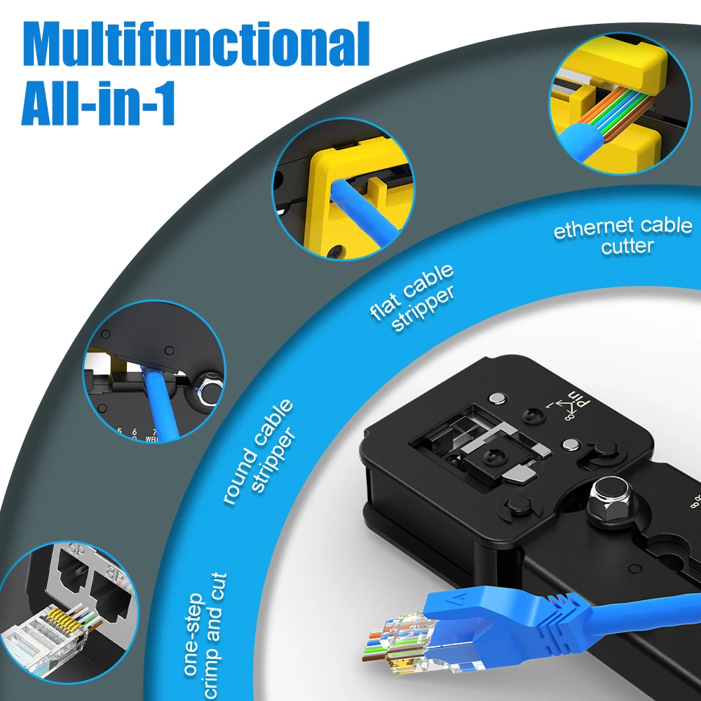 AMPCOM RJ45 Crimp Tool Pass Through Cat5 Cat5e Cat6 Crimper Cutter Stripper for RJ45 RJ12 RJ11 8P 6P End Pass Through connector