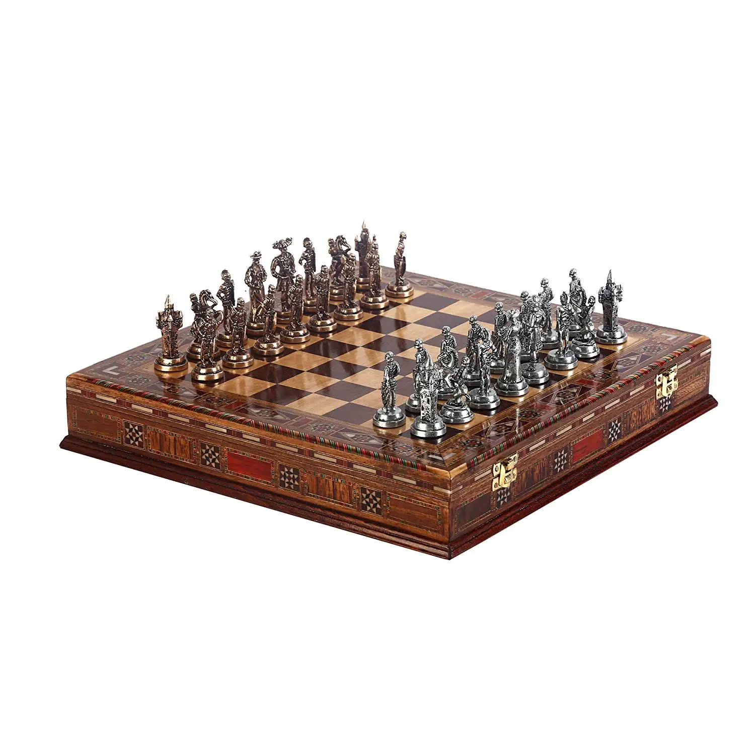 Historical Spanish Royal Guards Metal Chess Set,Handmade Pieces,Natural Solid Wooden Chess Board, Storage Inside King 7 cm