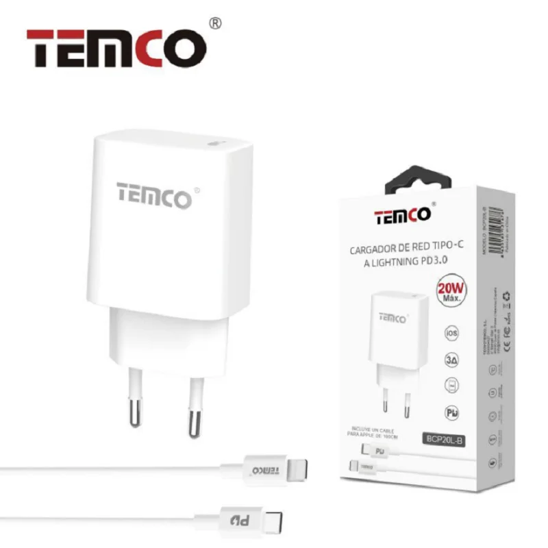 TEMCO Pack charger 3.A1 + Lightning + Cacle type C white charger for mobiles, fast charging USB Lightning for Iphone