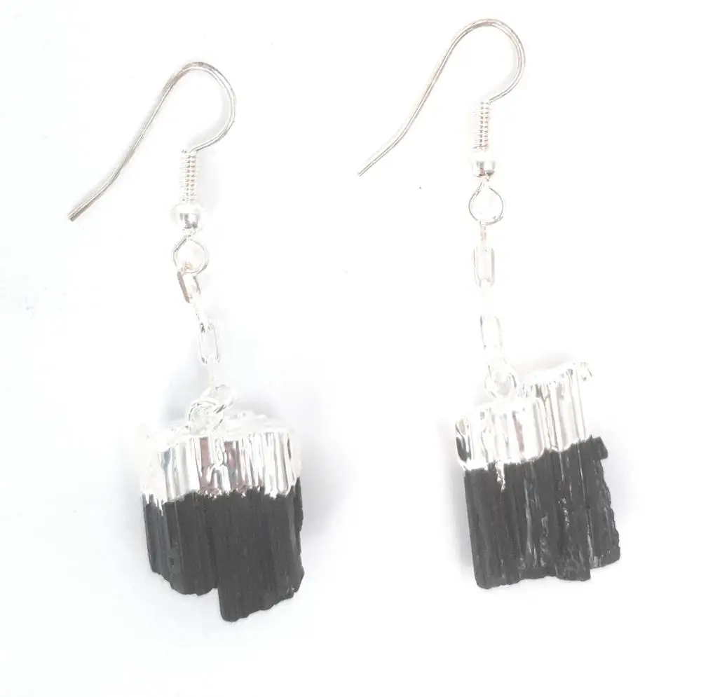 Pendientes de Turmalina Negra en Bruto Baño de Plata Brasil Piedra Natural 100% Belleza Energética Meditación Amuletos Espiritua