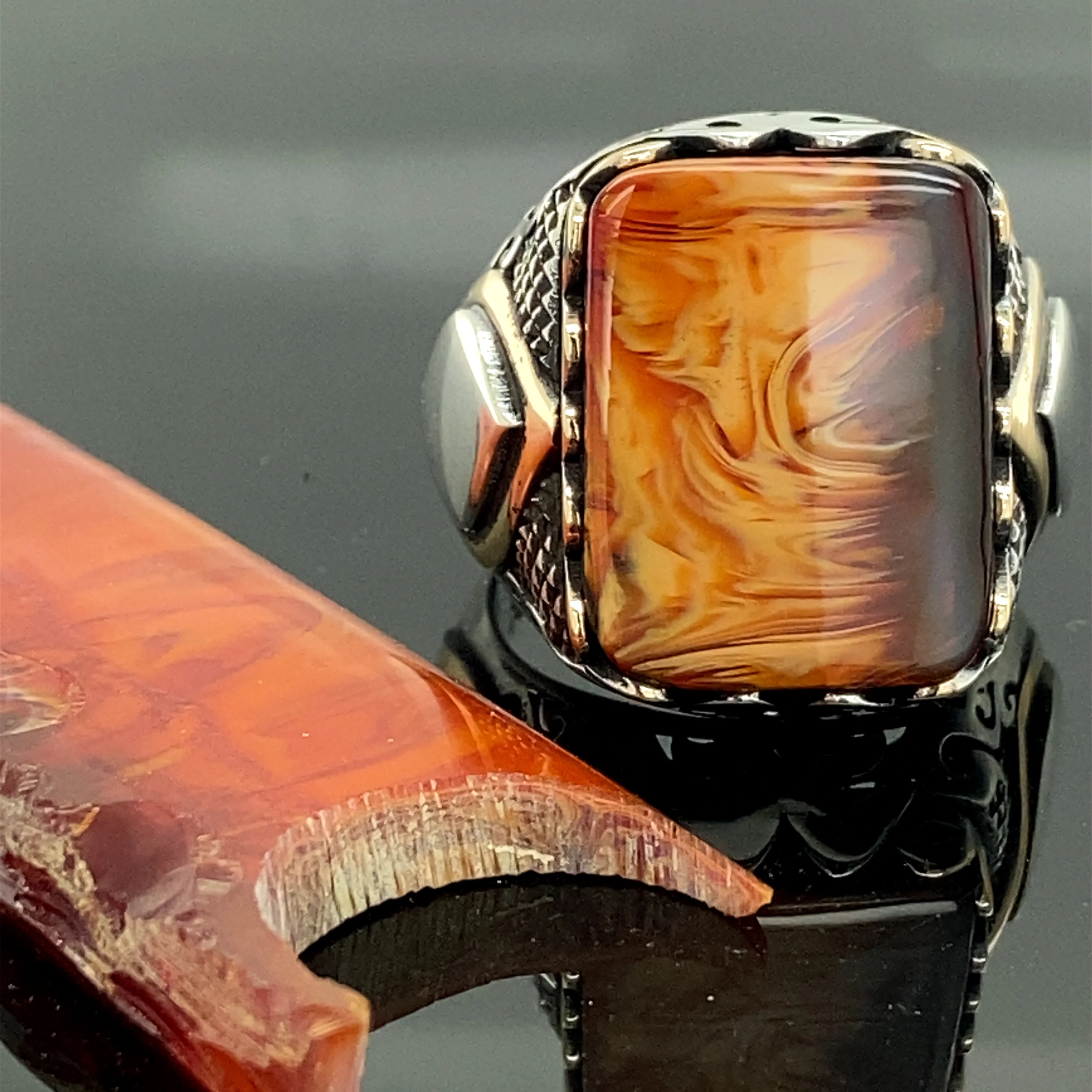 Silver Handmade Ring , Bakelite German Amber Ring ,Amber Gemstone Ring , Turkish Handmade Silver Ottoman Jewelry, 925K Sterling