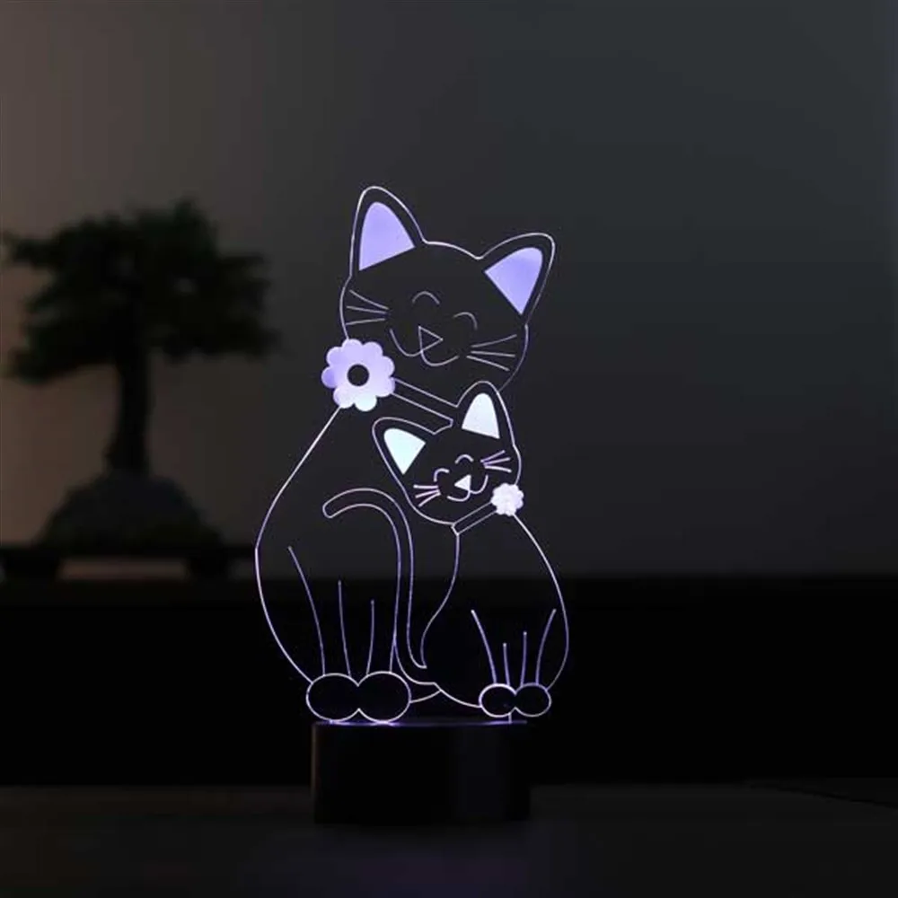 Cat Family 3D Illusion Acrylic Led Table Lamp 12 Volt Adapter Daylight Design Wood Base Animal Lover Best Gift Idea for Couples Room Decor Anime Wedding Stranger Things Led Lights Wedding Decoration Nightlights Bedroom