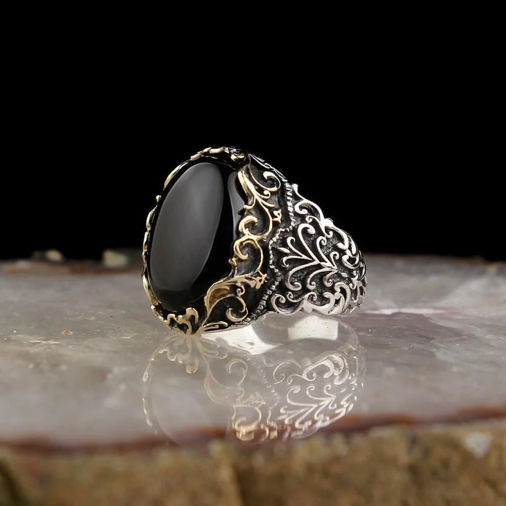 925 Sterling Silver Ring for Men Black Natural Onyx Stone Jewelry Fashion Vintage Gift Onyx Aqeq Mens Rings All Size