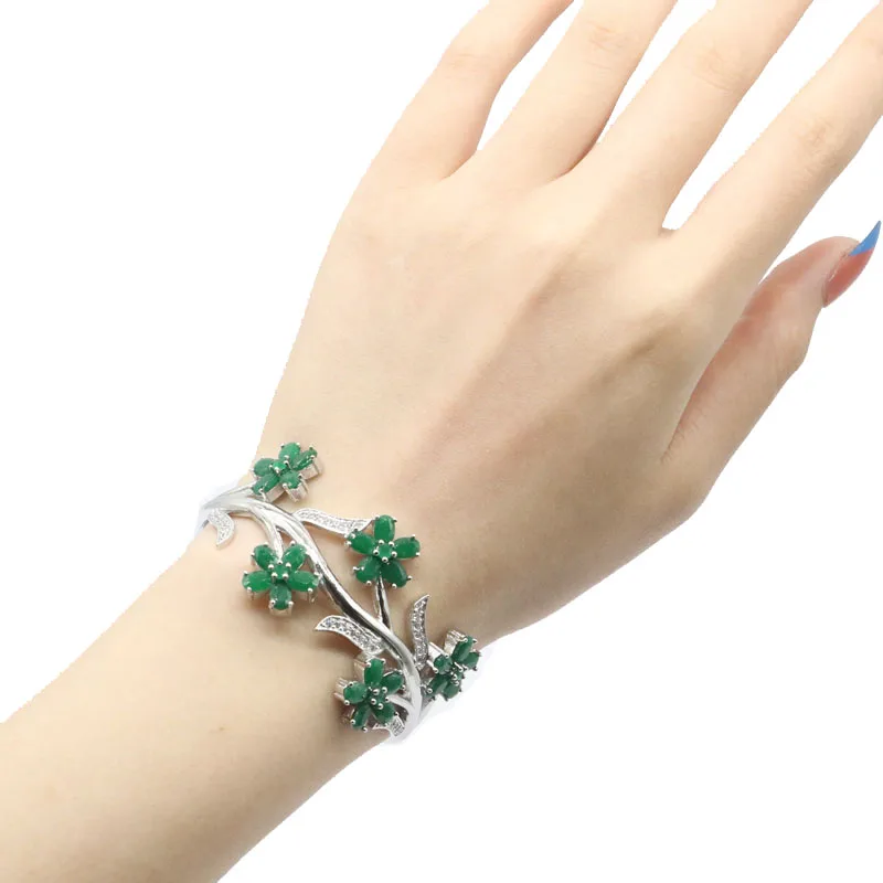 Buy 6 Get 1 Free 60x30mm Flowers Real Green Emerald Red Ruby White cz Women Wedding Silver Cuff Bangle Bracelet 7.5