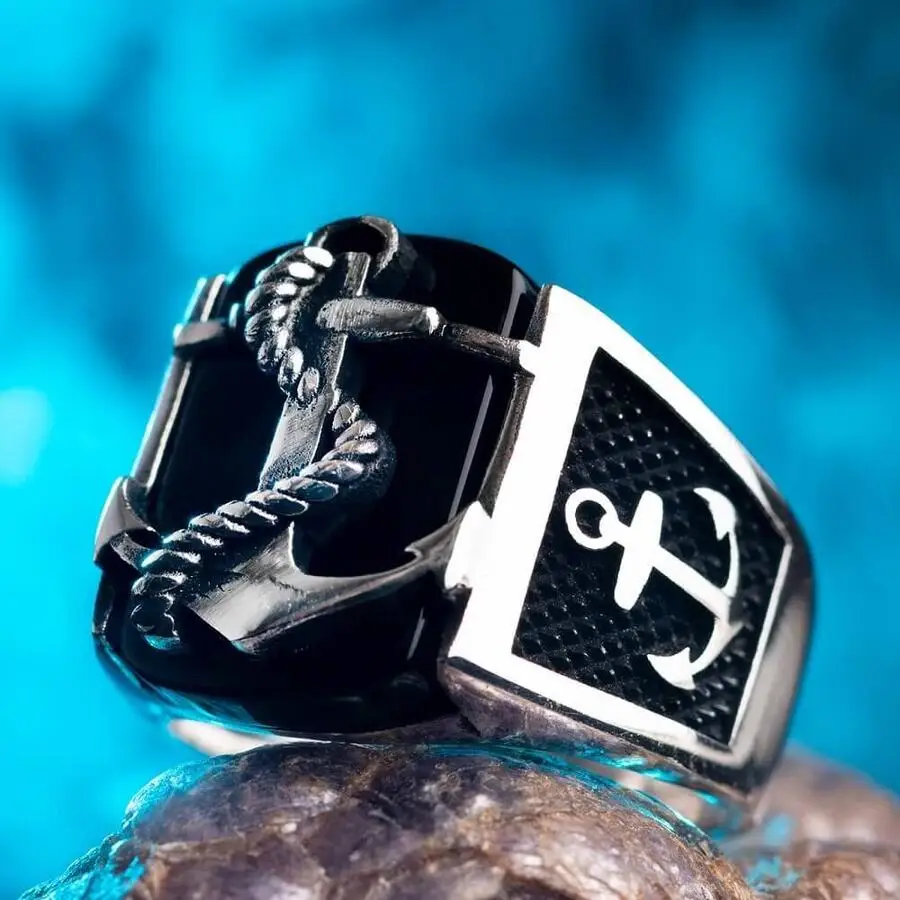 Anchor Figured Silver Men's Ring on Black Stone Fashion Turkish Premium Quality Handmade Jawelery