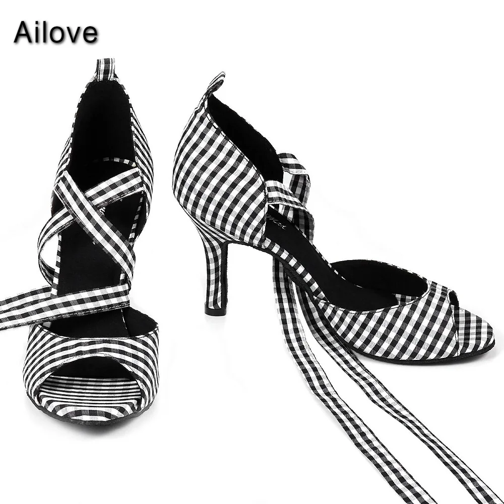 Ballroom Tango Salsa Latin Dance Sandals Modern Plaid Patterns Lace-up Dancing Shoes Factory Outlet Multiple Heel Height